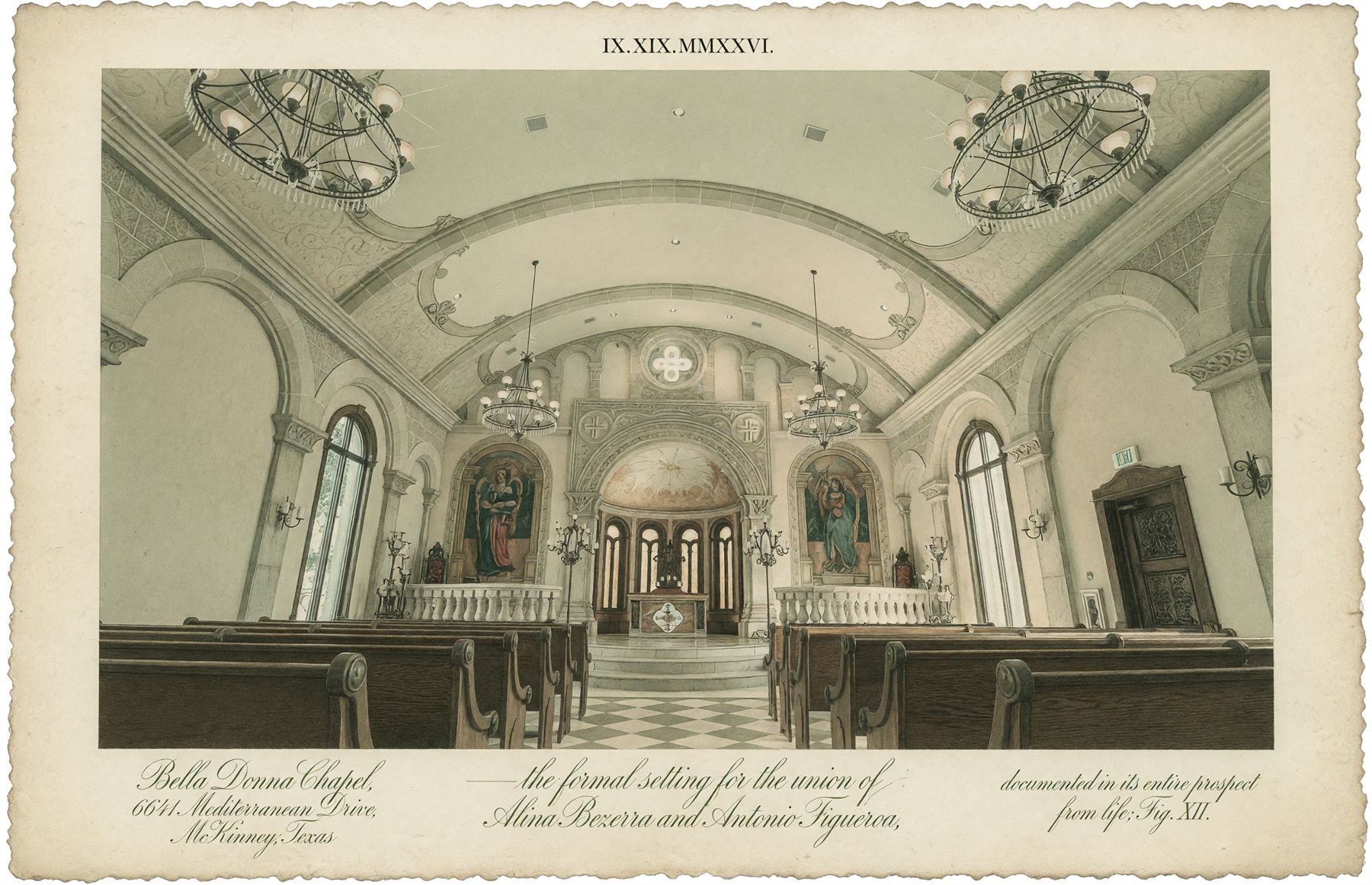 Postcard-style engraved view of the Bella Donna Chapel nave inside a scalloped deckle-cut border, with the wedding date set above the image in roman numerals. The engraved legend reads Bella Donna Chapel, 6641 Mediterranean Drive, McKinney, Texas.