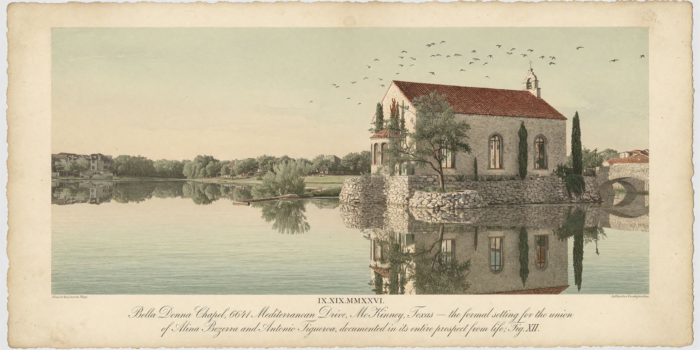 Hand-colored engraved lakeside prospect of Bella Donna Chapel: a stone chapel with a red tile roof and bell gable on a river-rock peninsula, flanked by cypresses, with an arched stone bridge at right and the whole scene reflected in calm water. The engraved legend reads Bella Donna Chapel, 6641 Mediterranean Drive, McKinney, Texas.