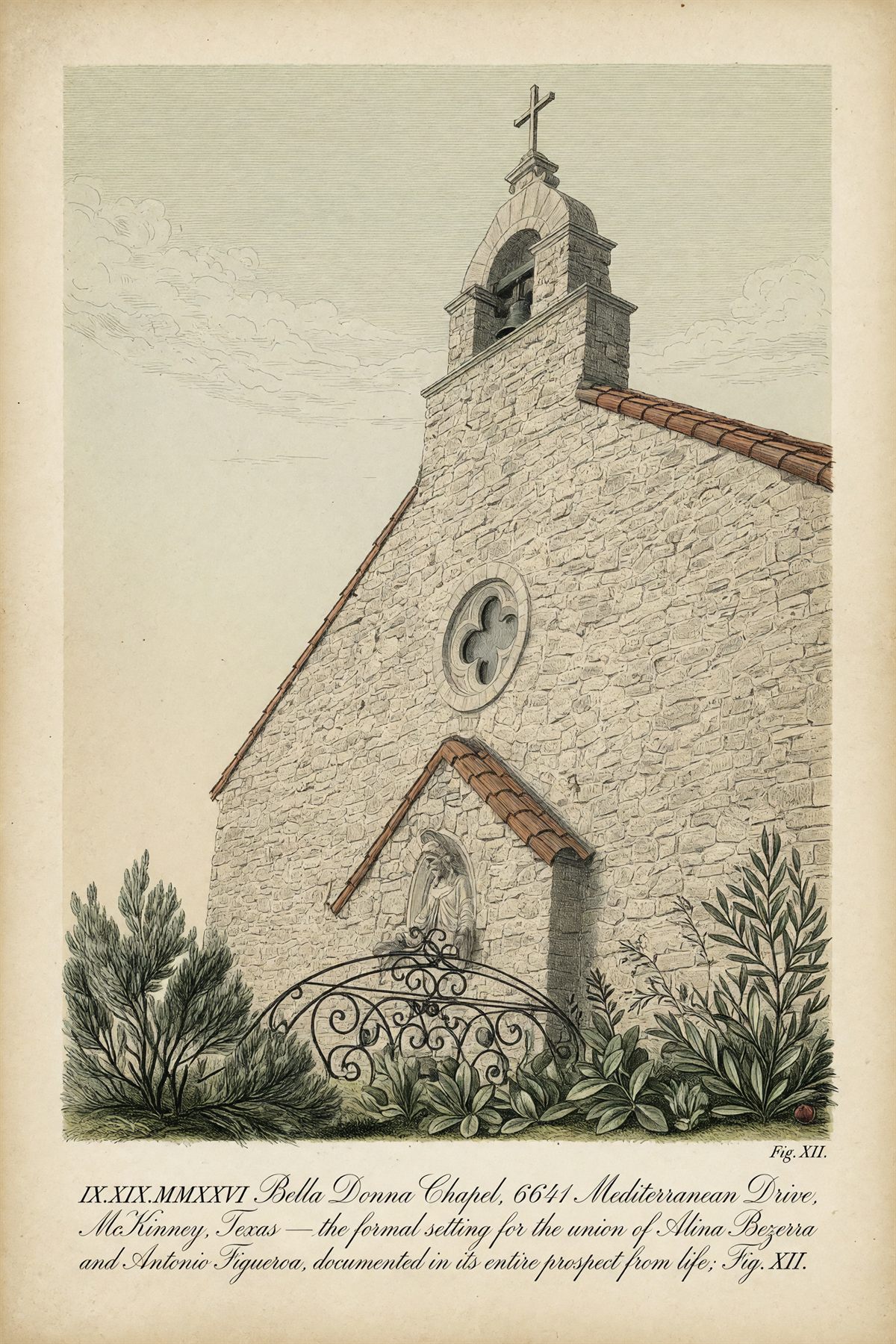Hand-colored engraving of the chapel bell gable crowned with a cross, framed by cypress foliage and clouds, rendered in the naturalist plate tradition.