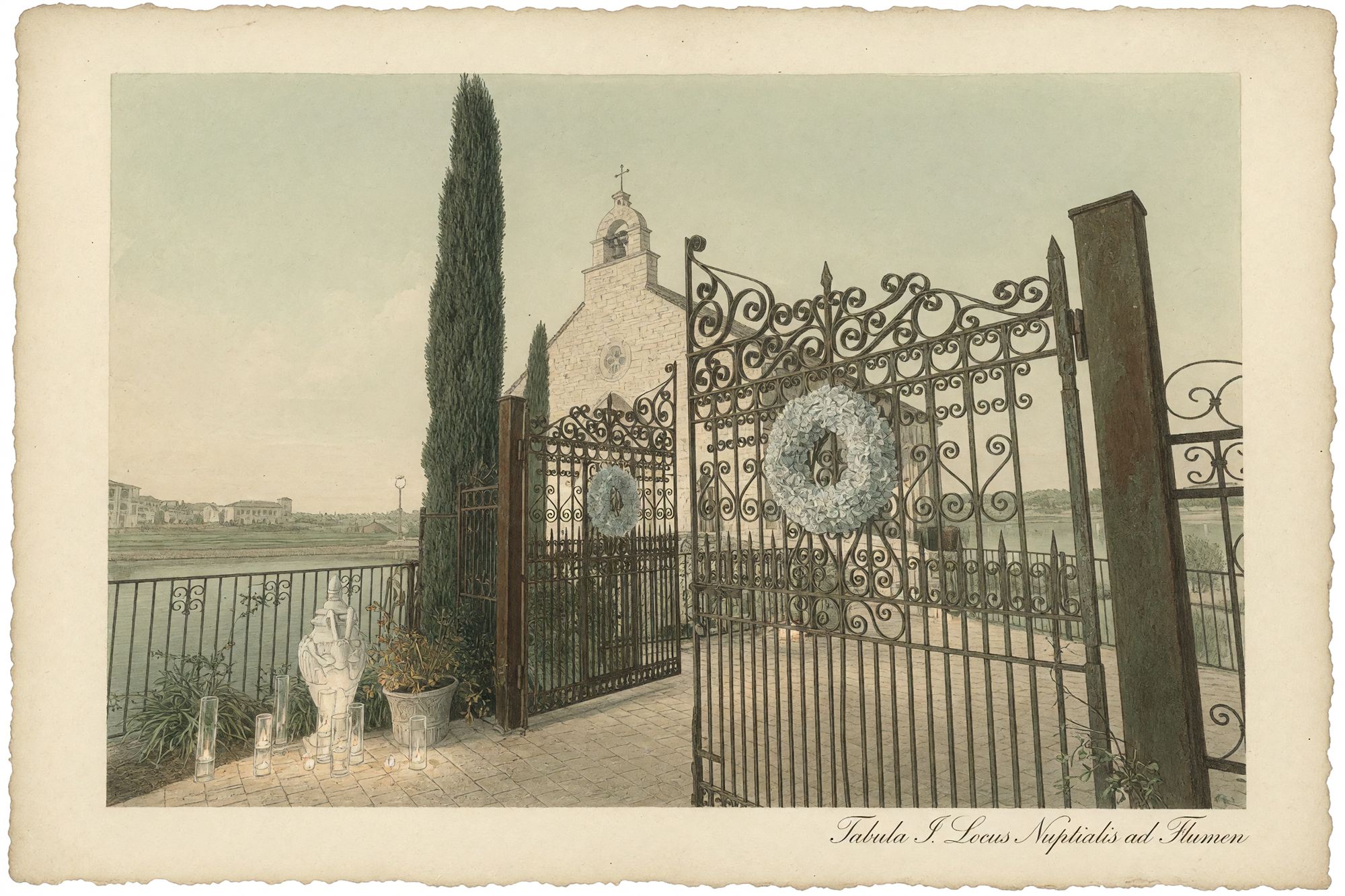 Hand-colored engraving of the chapel entrance: a tall wrought-iron double gate hung with two hydrangea wreaths, candles and a statue at its base, a cypress beside it, and the chapel bell gable beyond.
