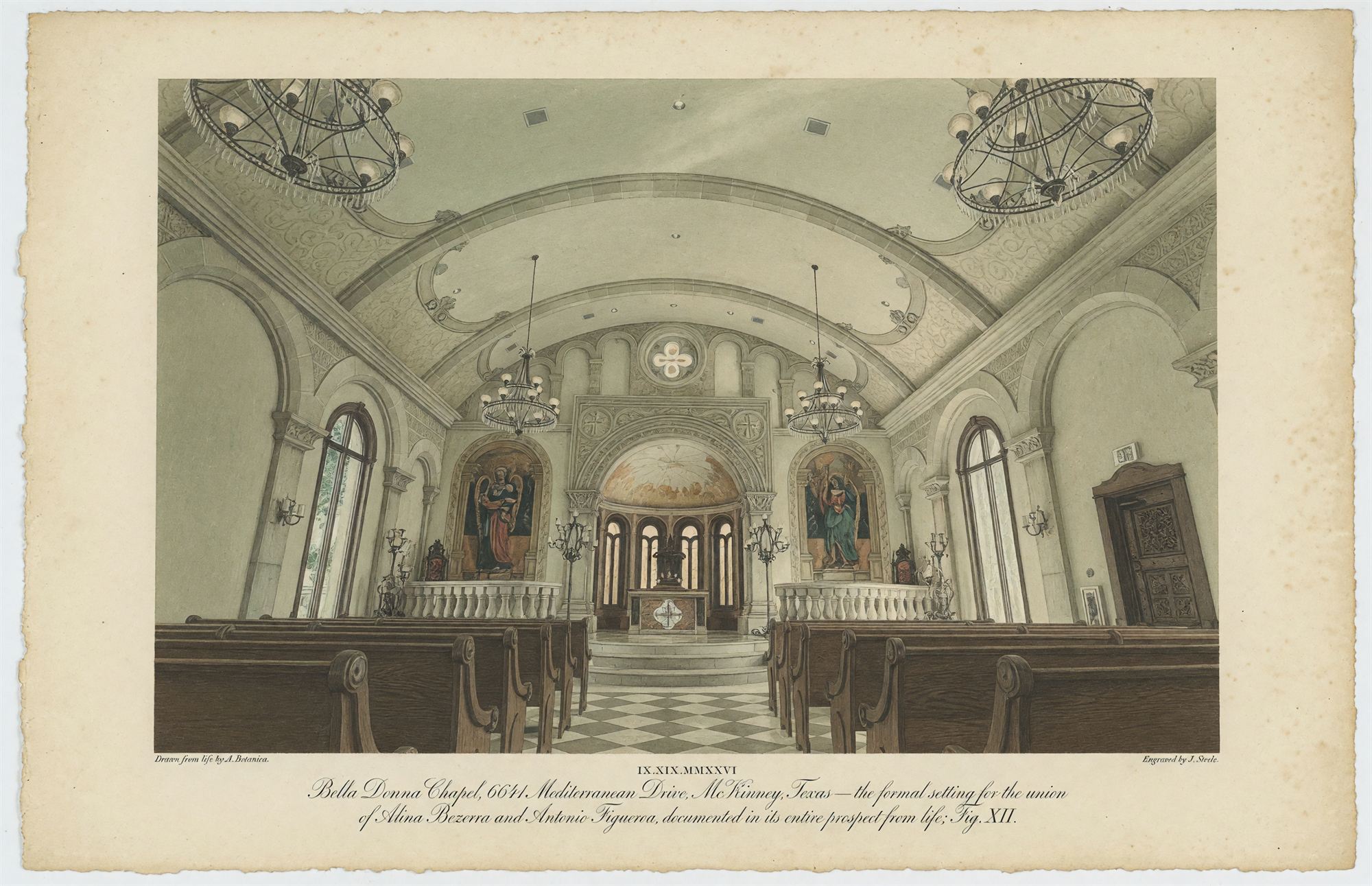 Hand-colored engraving of the chapel interior: a barrel-vaulted nave with wrought-iron chandeliers, dark walnut pews along a checkerboard marble aisle, and polychrome angel murals flanking the carved altar screen.