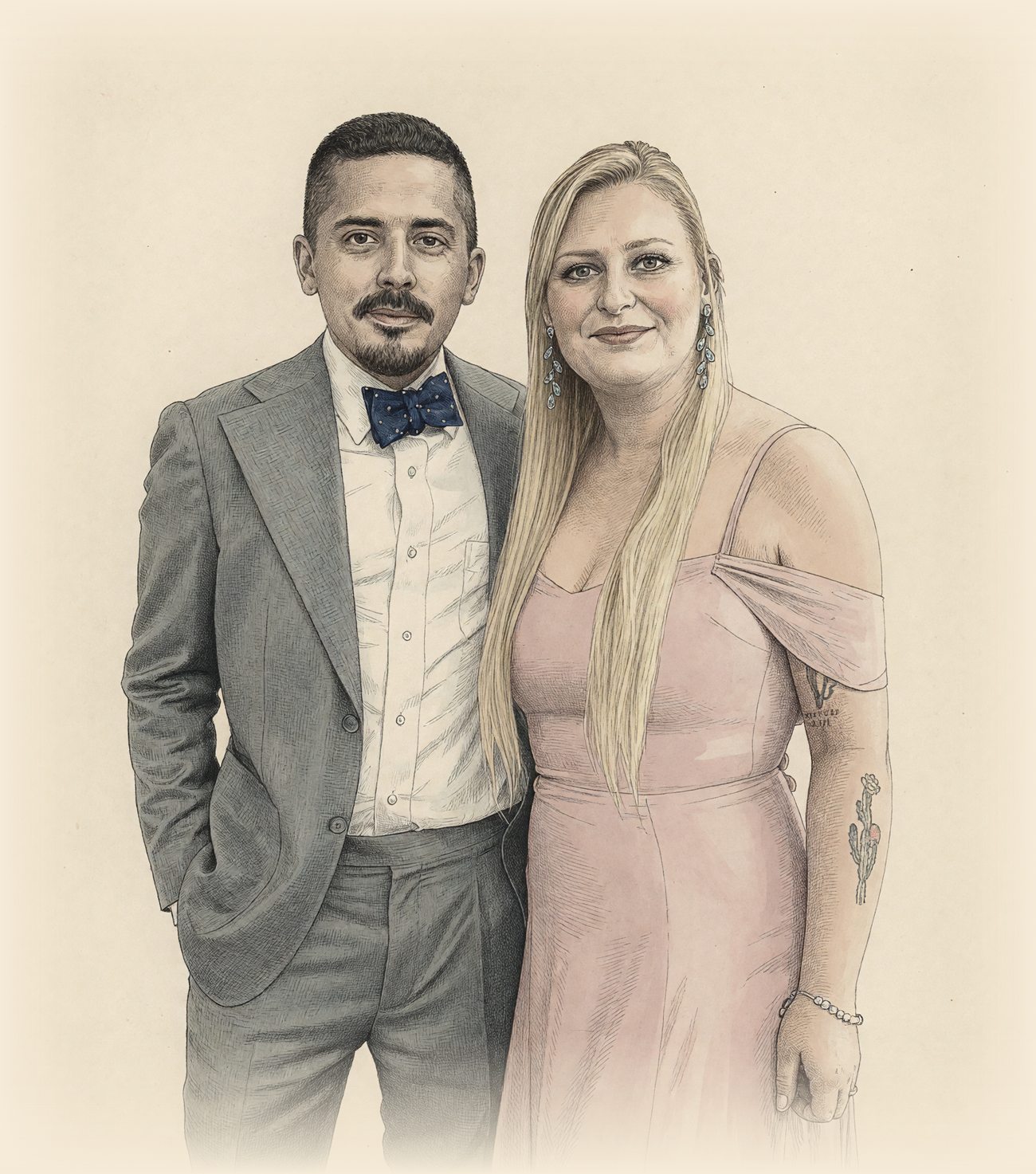 Hand-colored engraved full length portrait of Alina and Antonio standing in formal attire, Antonio in a gray suit with a navy bow tie and Alina in a blush floor length gown, on aged paper.