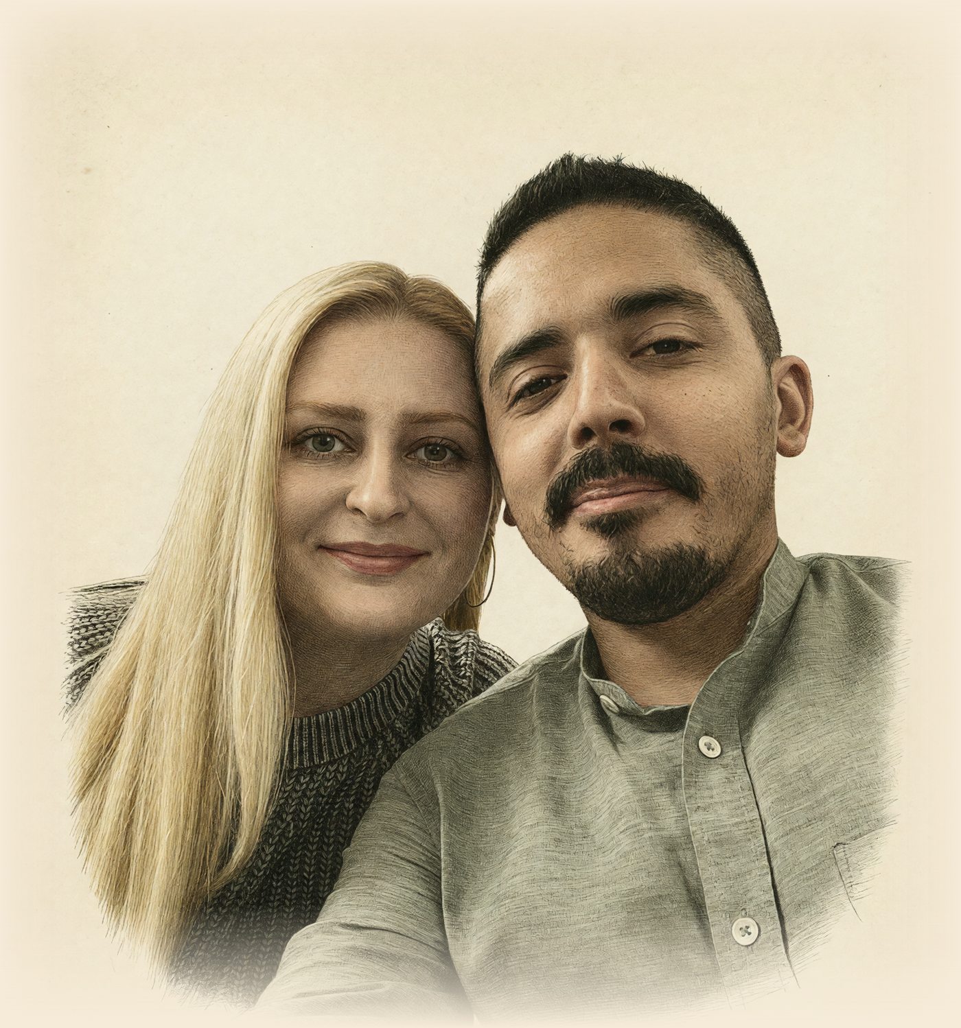 Hand-colored engraved half length portrait of Alina Bezerra and Antonio Figueroa with their heads leaned together, Alina in a dark knit sweater and Antonio in a sage band-collar shirt, on aged cream paper.