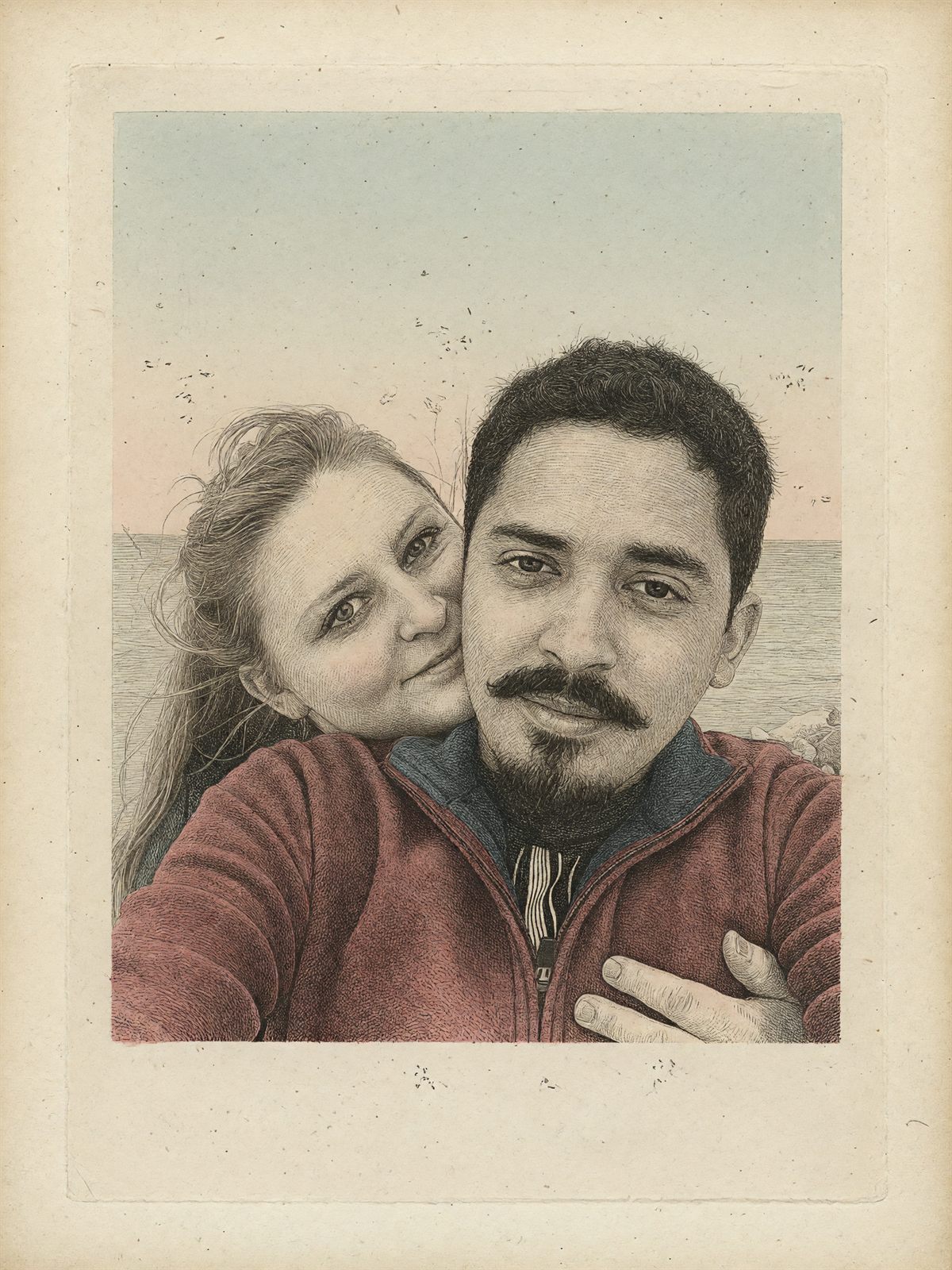 Hand-colored engraved keepsake plate of Alina and Antonio cheek to cheek at the seashore, printed inside an impressed plate mark on cream paper like a treasured photograph.
