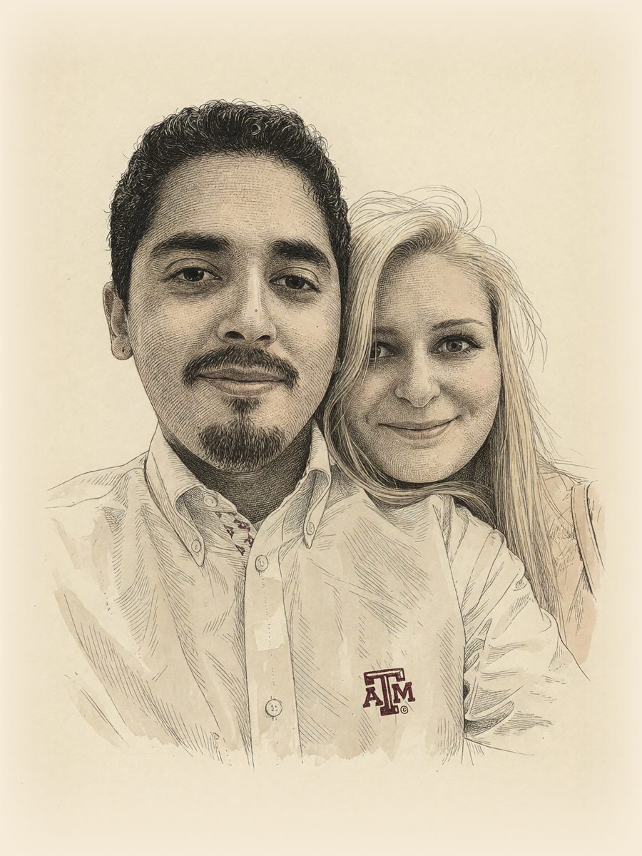 Hand-colored engraved portrait of Alina and Antonio in white shirts, smiling side by side, on aged paper.